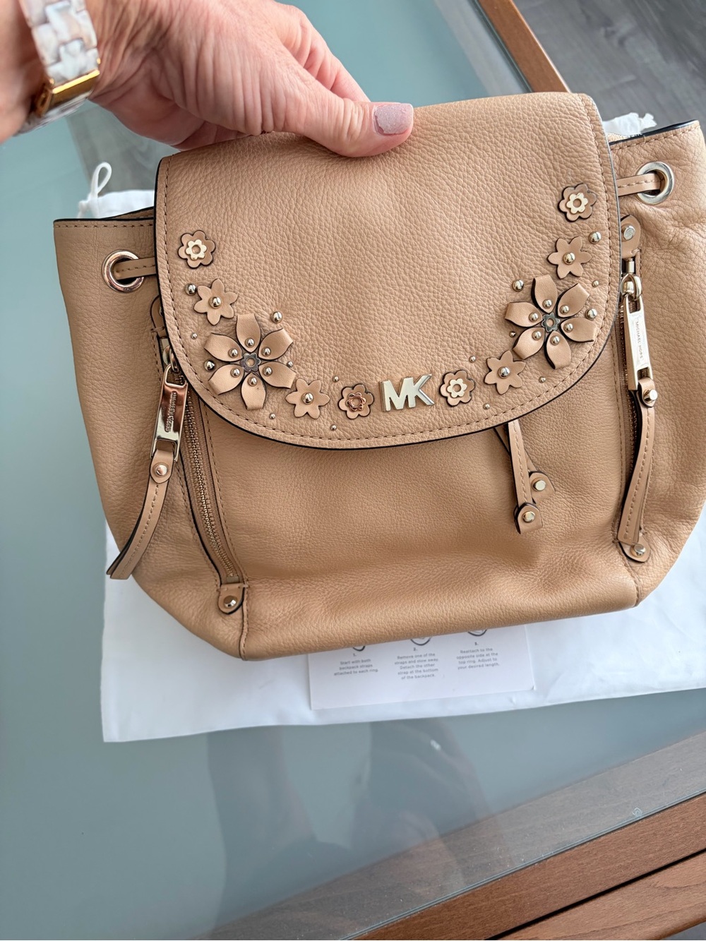 Michael Kors Beige Floral-Appliqué Leather Backpack